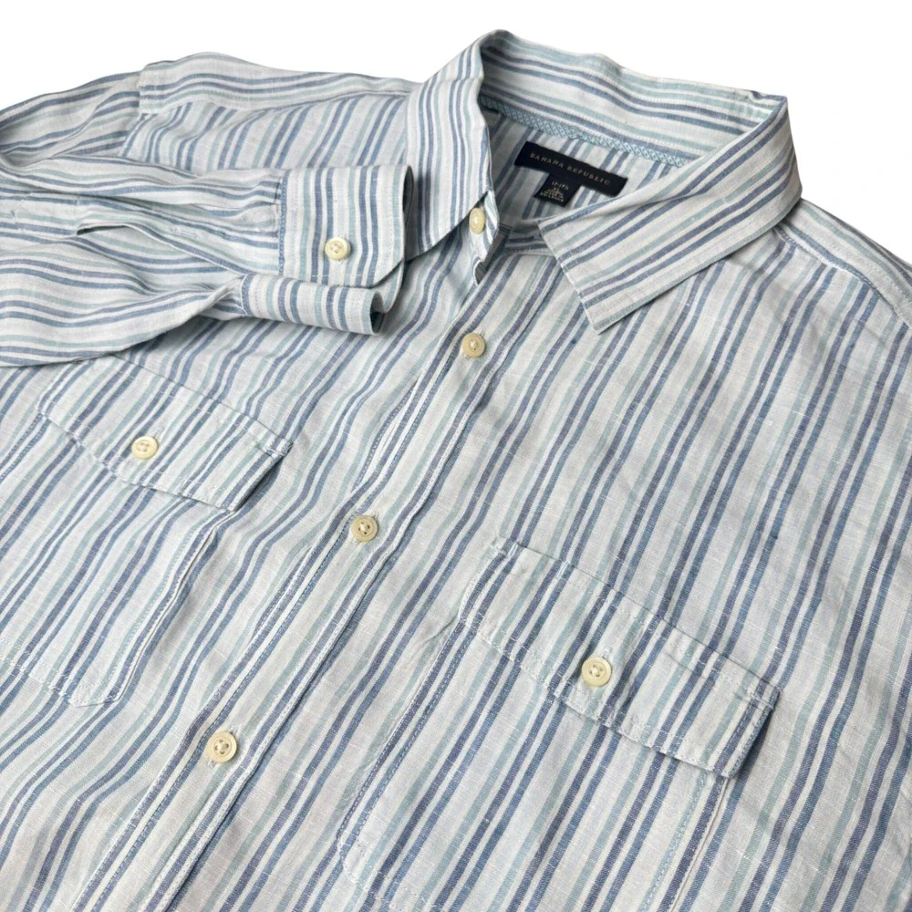 Banana Republic Mens Linen Button Down Shirt XL Blue Striped Coastal Nautical